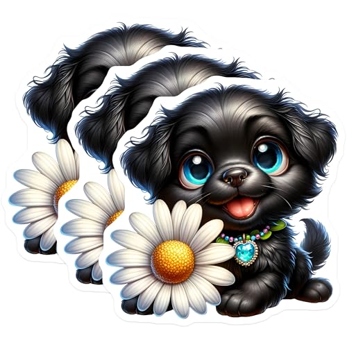 (3 Pack) Black Puppy Decals - Cute Dog Laptop - Daisy Heart Necklace - 3 Inches On Longest Side - Easy Peel & Apply - Made in USA - 3MCS8160