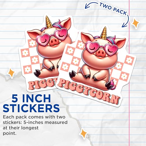 (2 Pack) Piggycorn Stickers - Cute Pig - Unicorn Pig Vinyl - 5" On Longest Side - Sticks to Smooth Flat Surfaces - Made in USA - BMCS7937
