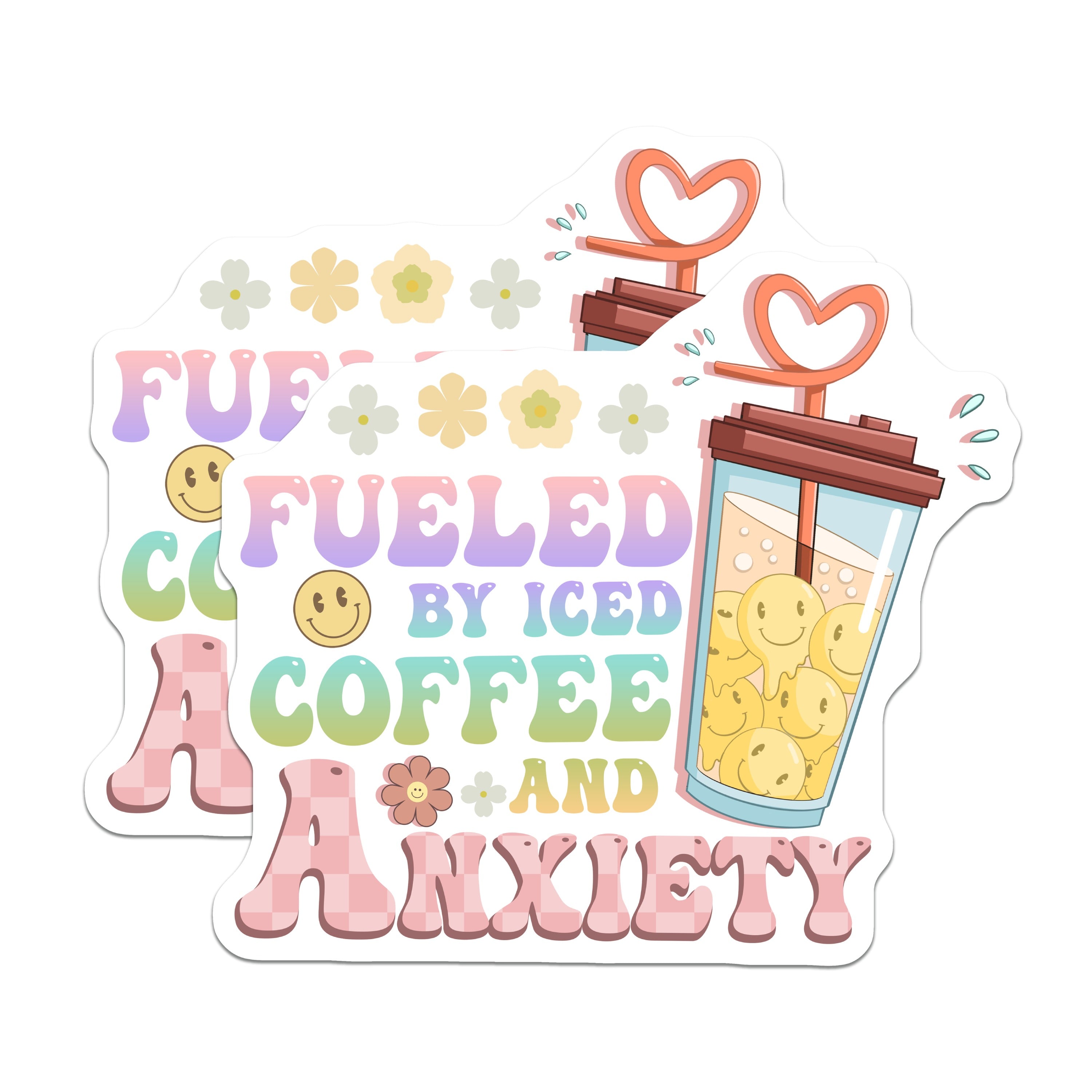(2 Pack) Fueled By Iced Coffee and Anxiety Magnets - Retro Pastel Aesthetic - Humorous Mental Health Decor - 5 Inches On Longest Side - Thick Durable Magnet - Made in USA - MAG37500