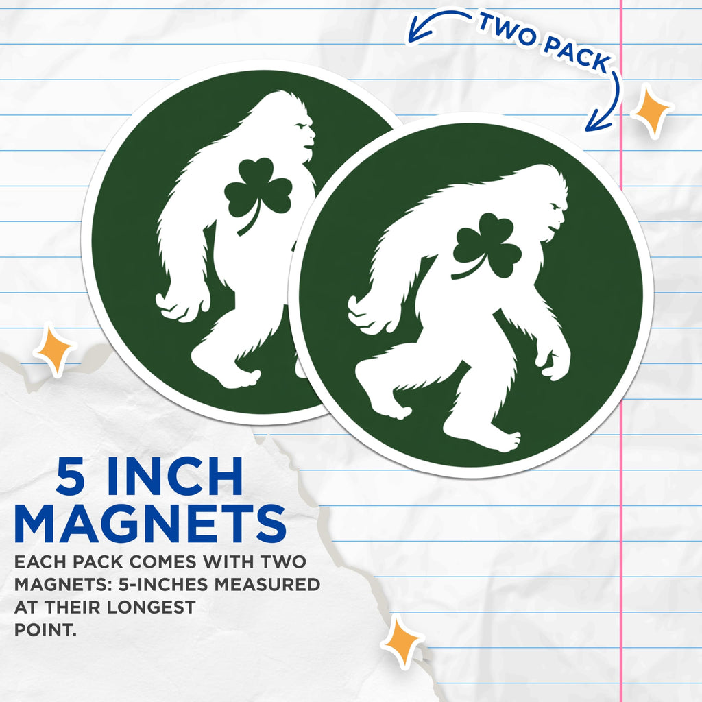 (2 Pack) Bigfoot Magnets - Shamrock Sasquatch Decor - St Patricks Day Irish Luck - Cryptid Folklore Art - 5 Inches On Longest Side - Thick Durable Magnet - Made in USA - MAG21175