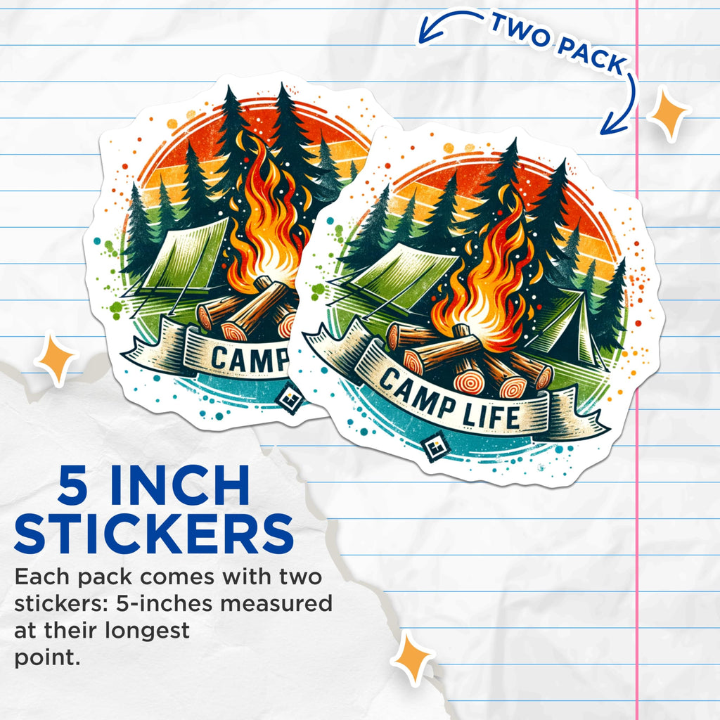(2 Pack) Camp Life Stickers - Camping Adventure - Outdoor Campfire Scene - Nature Tent Stickers - 5" On Longest Side - Sticks to Smooth Flat Surfaces - Made in USA - BMCS7083