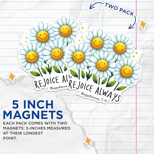 (2 Pack) Rejoice Always Flower Magnets - Smile Inspirational Magnets - Uplifting Floral Magnets- 5" On Longest Side - for Fridges, Toolboxes, Cars - Made in USA - MAG2829