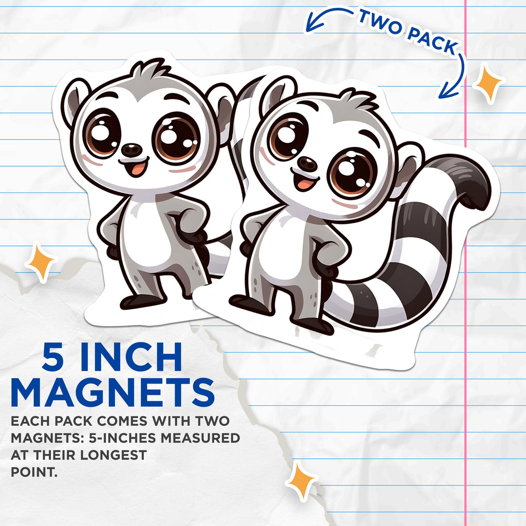 (2 Pack) Cute Lemur Magnets - Kawaii Animal Decor - Adorable Fridge Art - Kids Locker Accessory - 5 Inches On Longest Side - Thick Durable Magnet - Made in USA - MAG37253