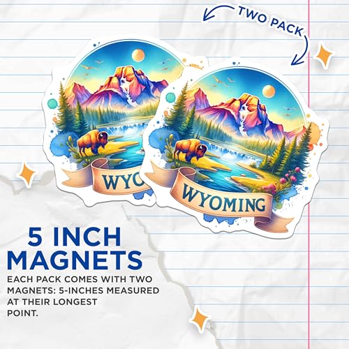 (2 Pack) Wyoming Scenic Landscape Magnets - Travel Souvenir - State Pride - Nature Art - 5" On Longest Side - for Cars, Fridges, Toolboxes - Made in USA - MAG6643