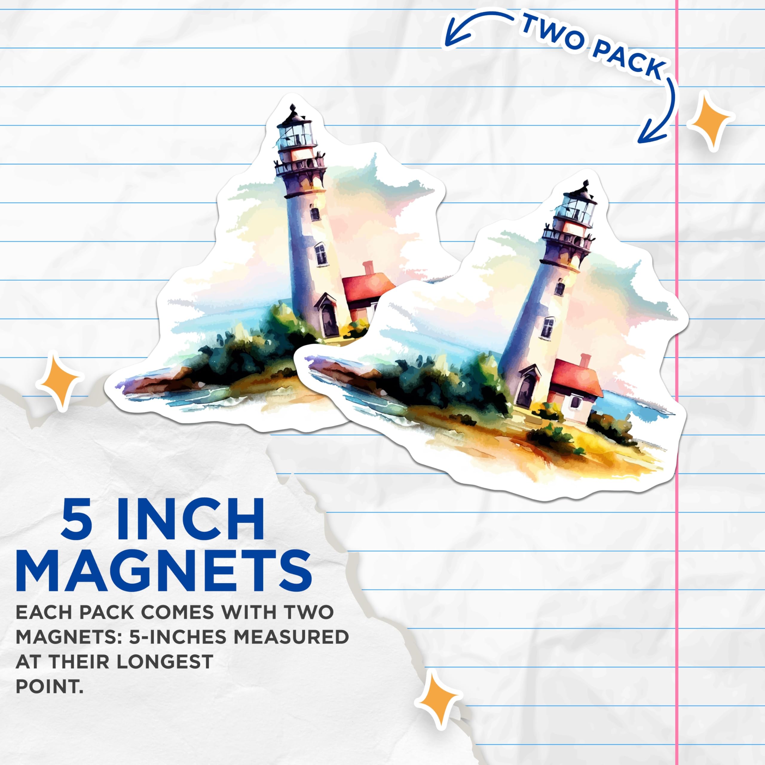 (2 Pack) Lighthouse Magnets - Coastal Seascape Art - Watercolor Beach House Decor - Ocean View Fridge Accents - 5 Inches On Longest Side - Thick Durable Magnet - Made in USA - MAG20137