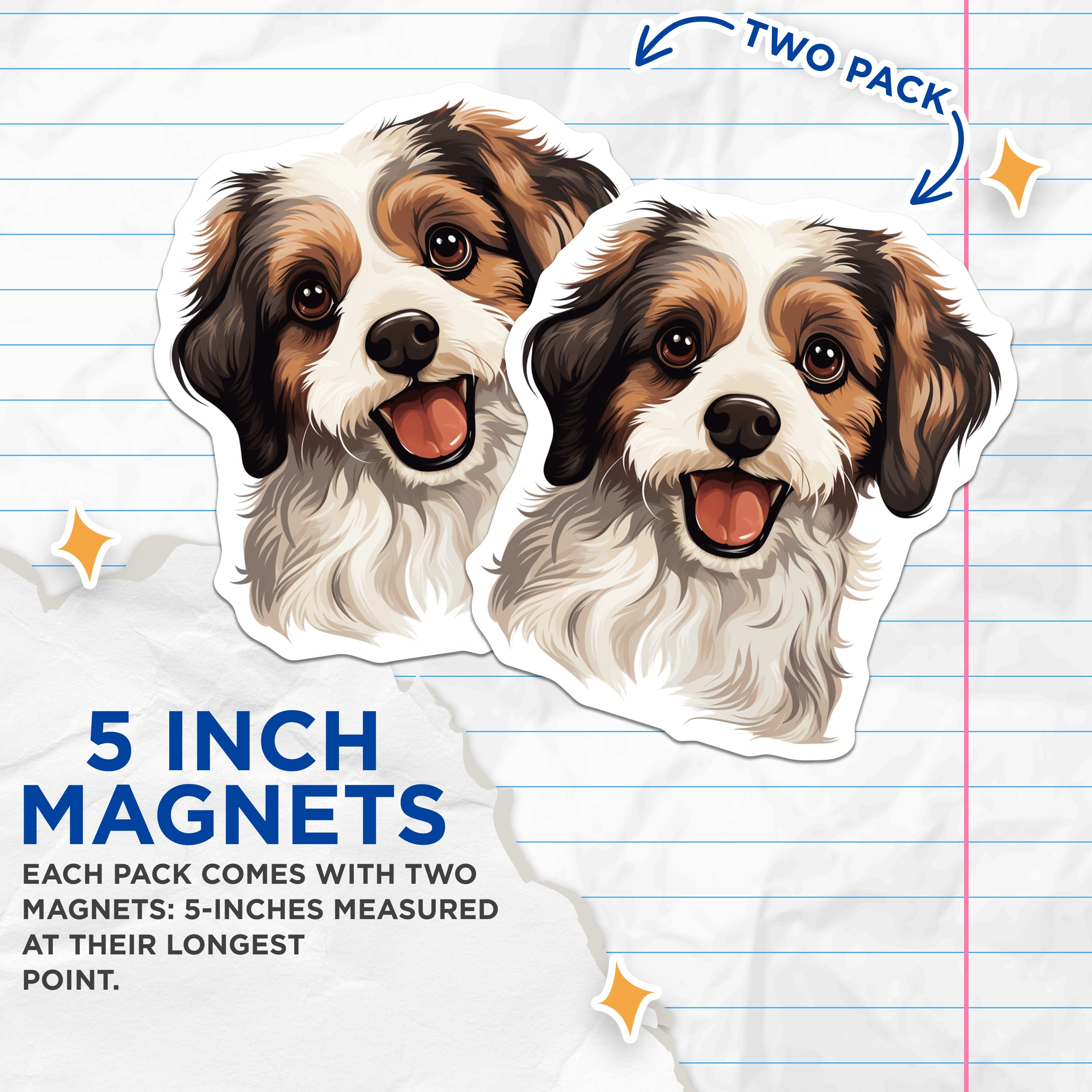 (2 Pack) Smiling Dog Magnets - Happy Puppy Face Decor - Pet Lover Refrigerator Accessory - Dog Mom Dad Home Art - 5 Inches On Longest Side - Thick Durable Magnet - Made in USA - MAG36782