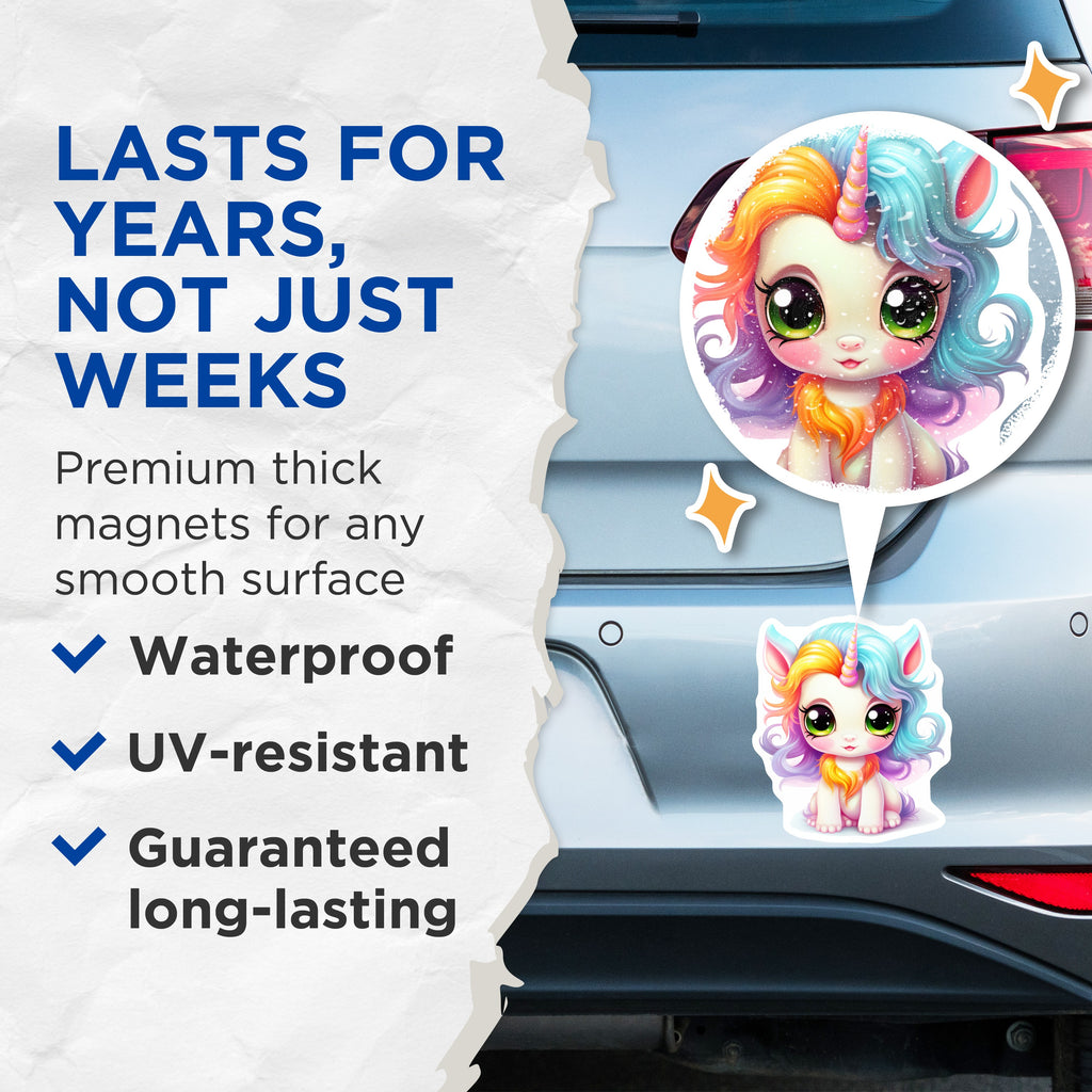 (2 Pack) Cute Unicorn Magnets - Kawaii Fantasy Decor - Magical Creature Art for Fridge Kids Room - 5 Inches On Longest Side - Thick Durable Magnet - Made in USA - MAG36983