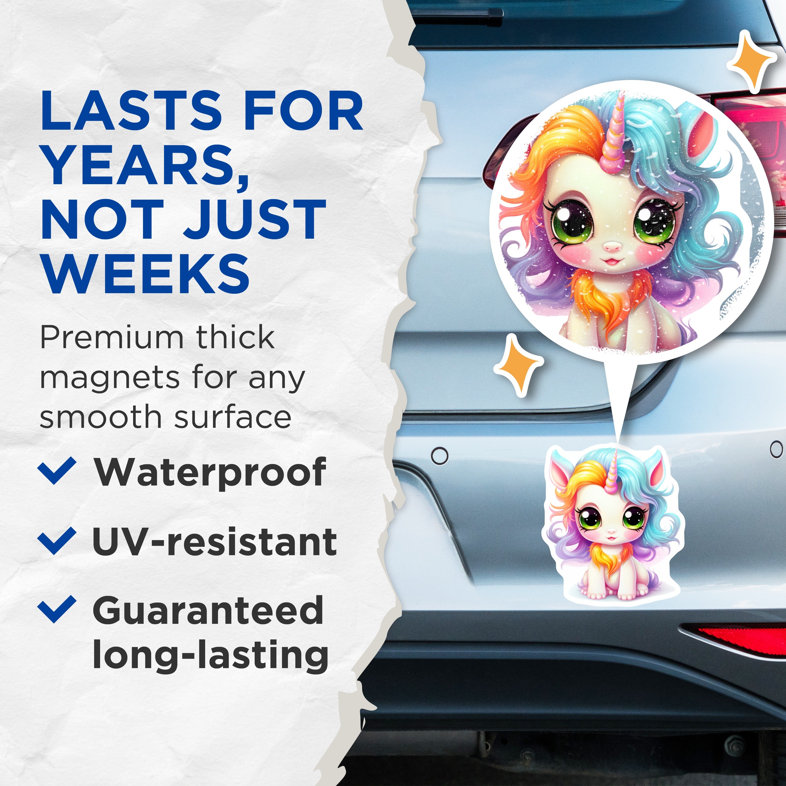 (2 Pack) Cute Unicorn Magnets - Kawaii Fantasy Decor - Magical Creature Art for Fridge Kids Room - 5 Inches On Longest Side - Thick Durable Magnet - Made in USA - MAG36983