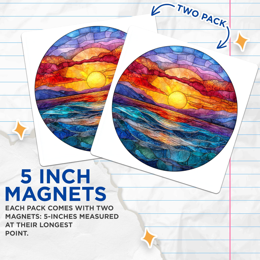 (2 Pack) Stained Glass Sunset Magnets - Vibrant Ocean Waves - Bohemian Nature Art - 5 Inches On Longest Side - Thick Durable Magnet - Made in USA - MAG28916