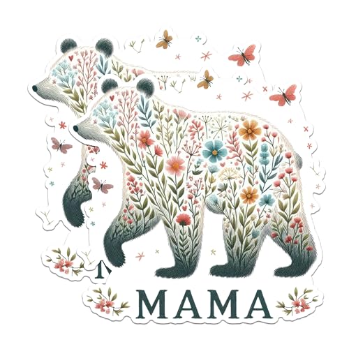 (2 Pack) Mama Bear Floral Stickers - Wildlife Nature - Mother's Day Animal - Boho Bear Themed - 5" On Longest Side - Sticks to Any Smooth Flat Surface - Made in USA - BMCS2895