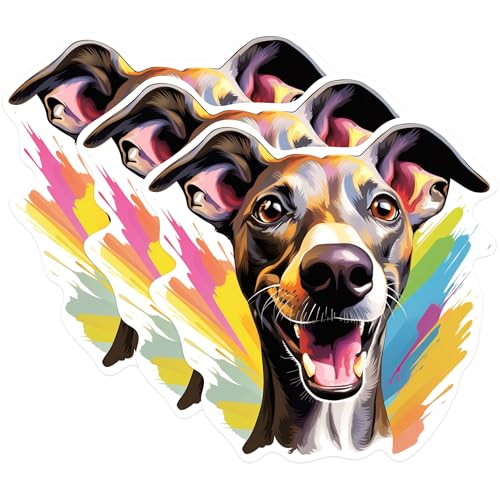 (3 Pack) Whippet Dog Decals - Cute Puppy Stickers - Colorful Pet Art Decals - 3 Inches On Longest Side - Easy Peel & Apply - Made in USA - 3MCS0758