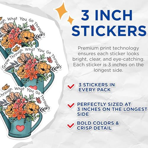 (3 Pack) Grow Through What You Go Through Decals - Flower Watering Can - Butterfly Stickers - 3 Inches On Longest Side - Easy Peel & Apply - Made in USA - 3MCS1739