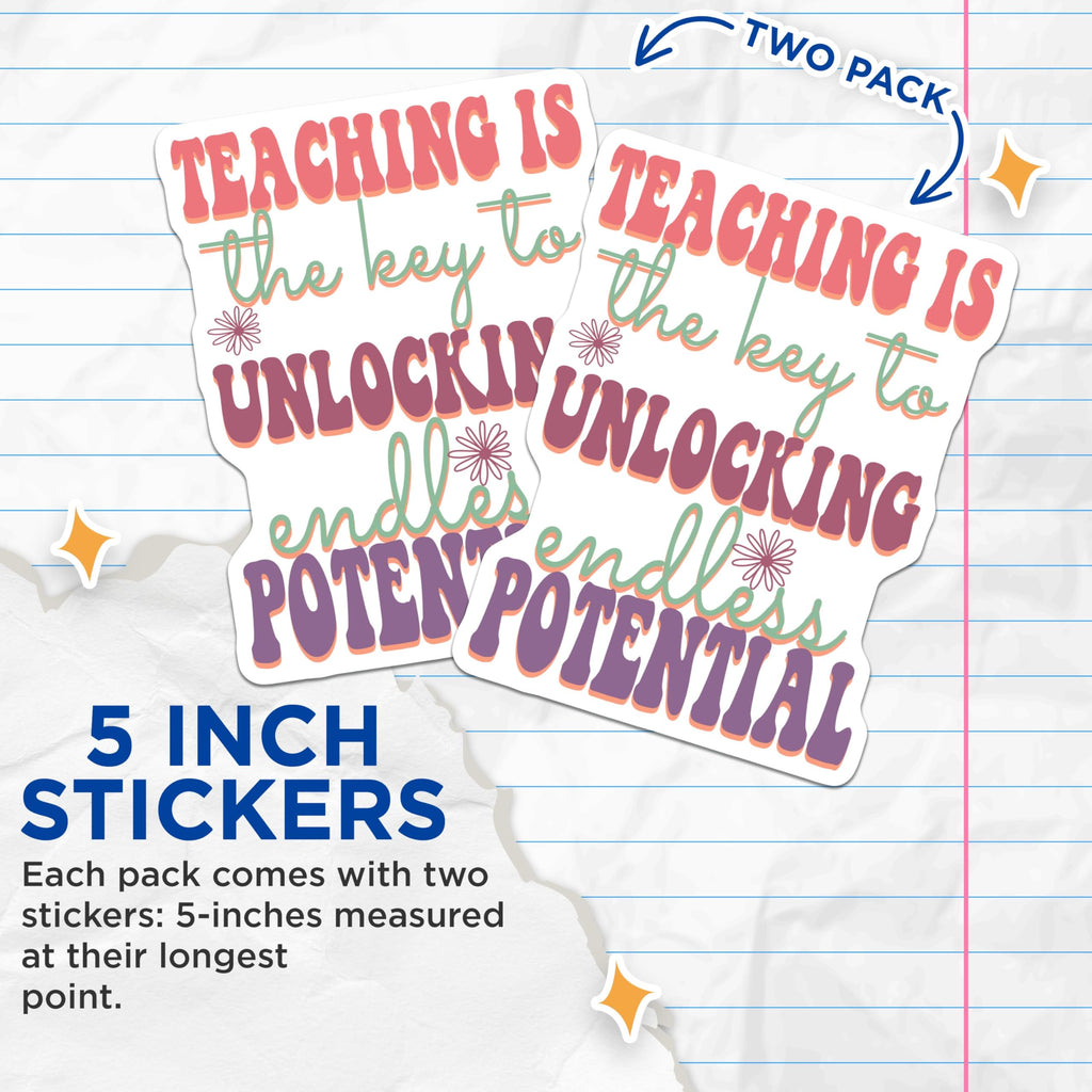 (2 Pack) Teaching is The Key Stickers - Unlocking Endless Potential - Inspirational Teacher Quotes Decals - 5" On Longest Side - Sticks to Smooth Flat Surfaces - Made in USA - BMCS8803