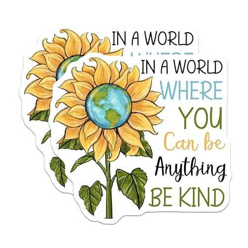 (2 Pack) Be Kind Sunflower Earth Stickers - Inspirational Quote Stickers - Motivational Message Stickers - 5" On Longest Side - Sticks to Smooth Flat Surfaces - Made in USA - BMCS4196