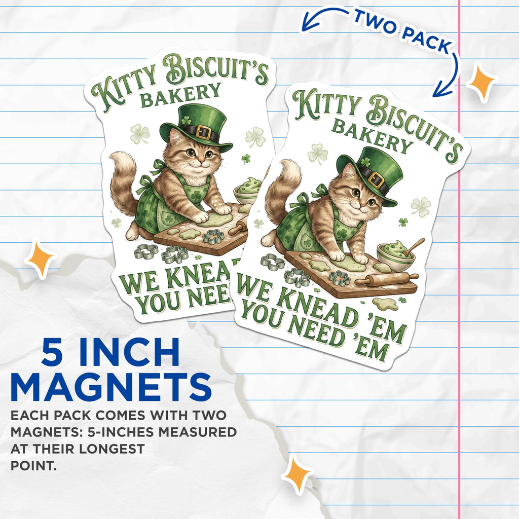 (2 Pack) Cat Bakery Magnets - Irish Cat - Kitty Biscuit's - Saint Patrick's Day - 5" On Longest Side - Premium Magnet - for Cars, Refrigerators, Toolboxes, Lockers - Made in USA - MAG16113