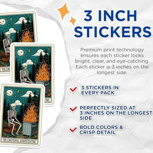 (3 Pack) Emotional Dumpster Fire Decals - Funny Skeleton Stickers - Laptop Decals - 3 Inches On Longest Side - Easy Peel & Apply - Made in USA - 3MCS4169