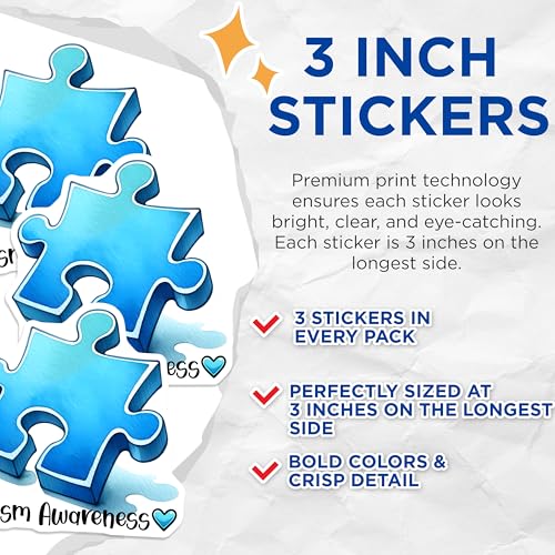 (3 Pack) Autism Awareness Decals - Puzzle Piece Decal - Autism Support Decals - 3 Inches On Longest Side - Easy Peel & Apply - Made in USA - 3MCS6887