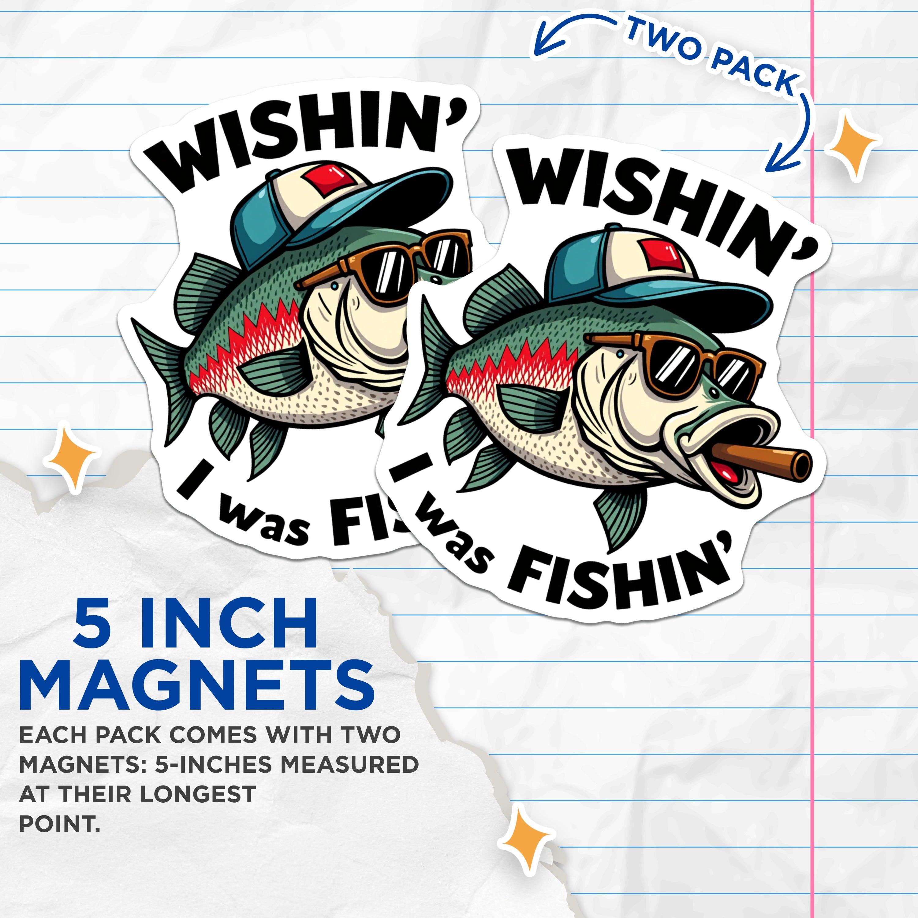 (2 Pack) Funny Fishing Magnets - Wishin I was Fishin - Angler Humor Refrigerator Decor for Dad - 5 Inches On Longest Side - Thick Durable Magnet - Made in USA - MAG37762