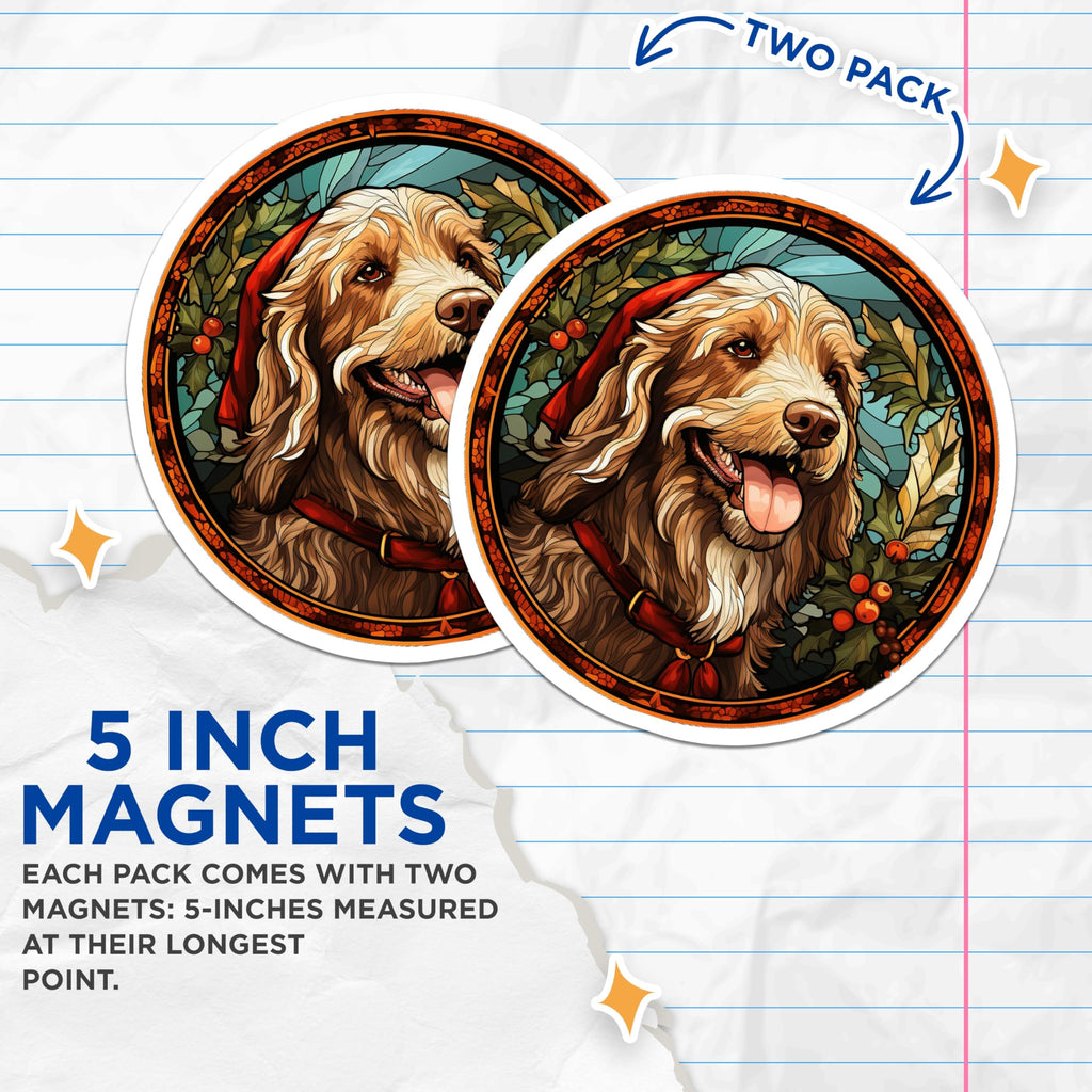 (2 Pack) Christmas Dog Magnets - Stained Glass Pet Art - Holiday Canine Decor - Festive Dog Lover Accessories - 5 Inches On Longest Side - Thick Durable Magnet - Made in USA - MAG26101
