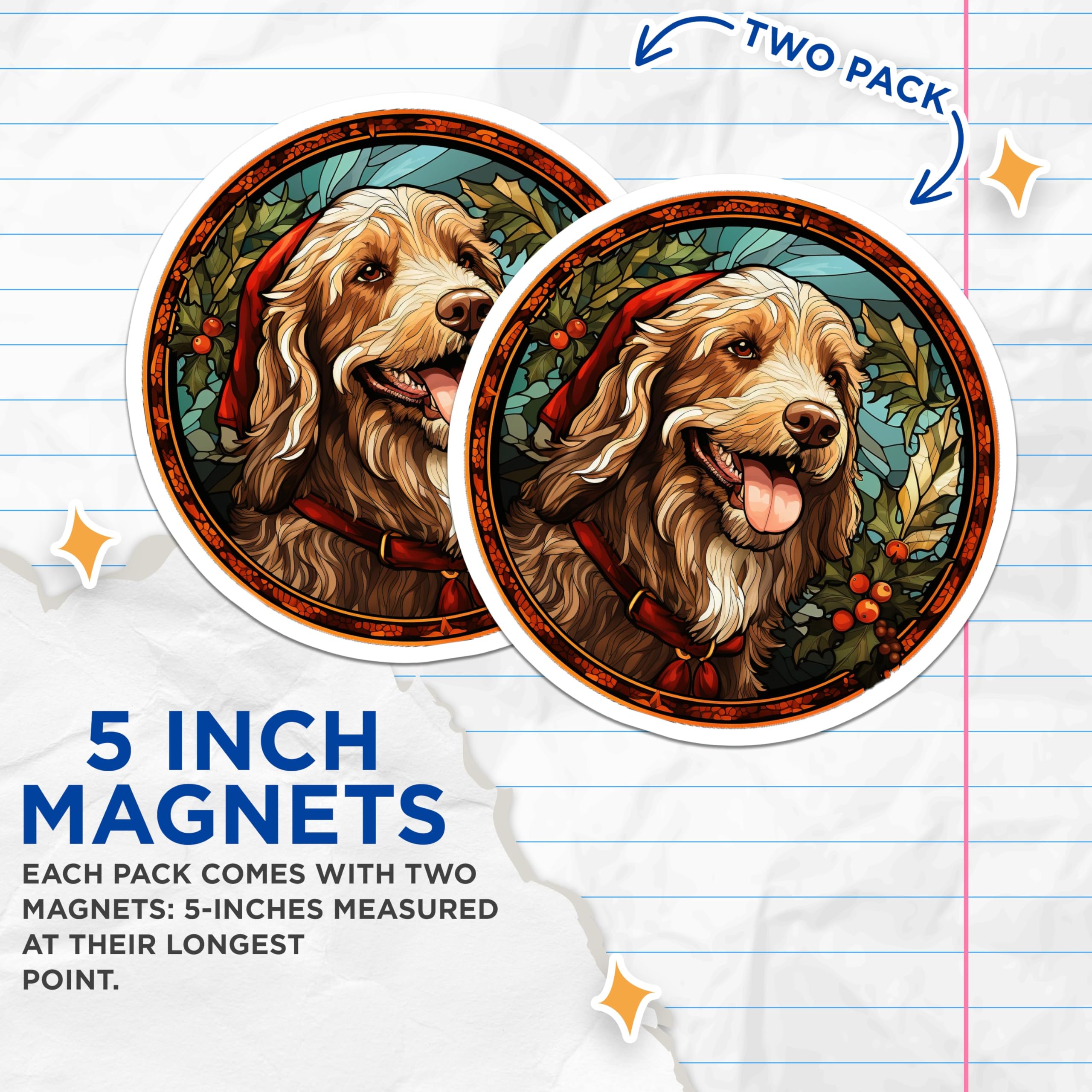 (2 Pack) Christmas Dog Magnets - Stained Glass Pet Art - Holiday Canine Decor - Festive Dog Lover Accessories - 5 Inches On Longest Side - Thick Durable Magnet - Made in USA - MAG26101