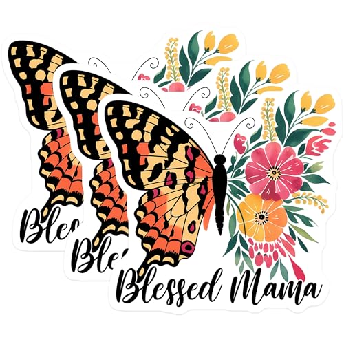 (3 Pack) Butterfly Decals - Blessed Mama Decal - Floral Butterfly Laptop Decals - 3 Inches On Longest Side - Easy Peel & Apply - Made in USA - 3MCS6482