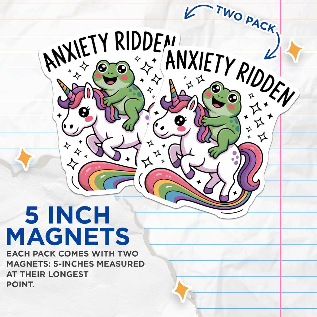 (2 Pack) Anxiety Ridden Magnets - Cute Frog Unicorn - Mental Health Decor - 5 Inches On Longest Side - Thick Durable Magnet - Made in USA - MAG22733