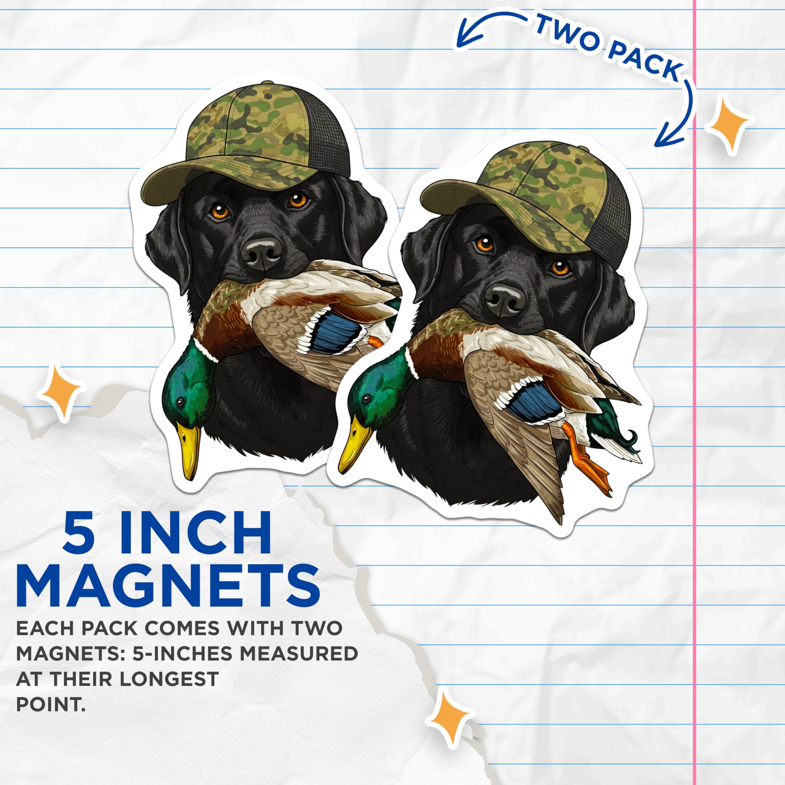 (2 Pack) Black Lab Hunting Dog Magnets - Mallard Duck Retriever - Camouflage Hat Hunter Art - 5 Inches On Longest Side - Thick Durable Magnet - Made in USA - MAG20110