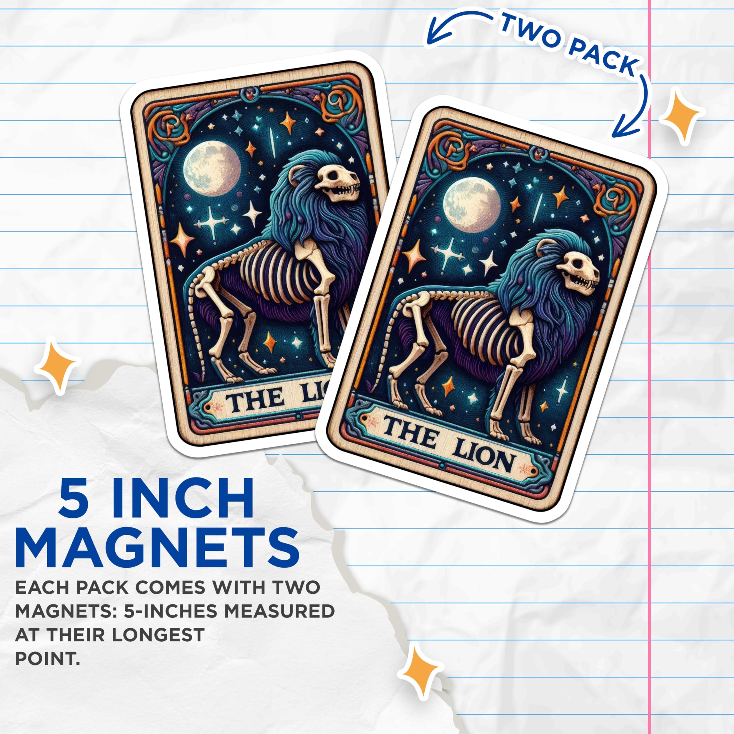 (2 Pack) Lion Tarot Card Magnets - Celestial Skeleton Art - Mystical Leo Zodiac Decor - 5 Inches On Longest Side - Thick Durable Magnet - Made in USA - MAG20402