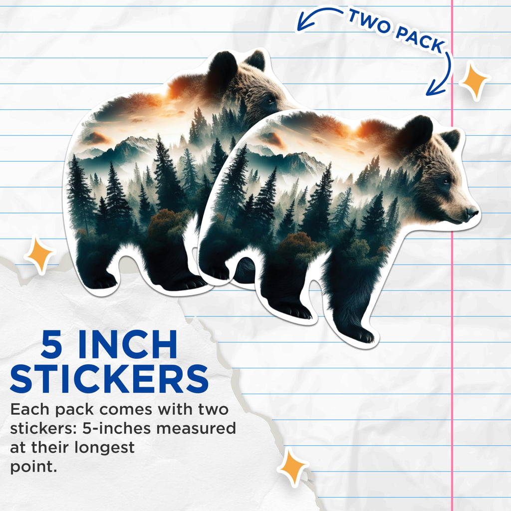 (2 Packs) Bear with Wilderness Forest Stickers - Cool Nature Lover Outdoorsman Decals - 5 Inches On Longest Side - Premium Vinyl Decal - Sticks to Any Smooth Flat Surface - Made in USA - BMCS2274