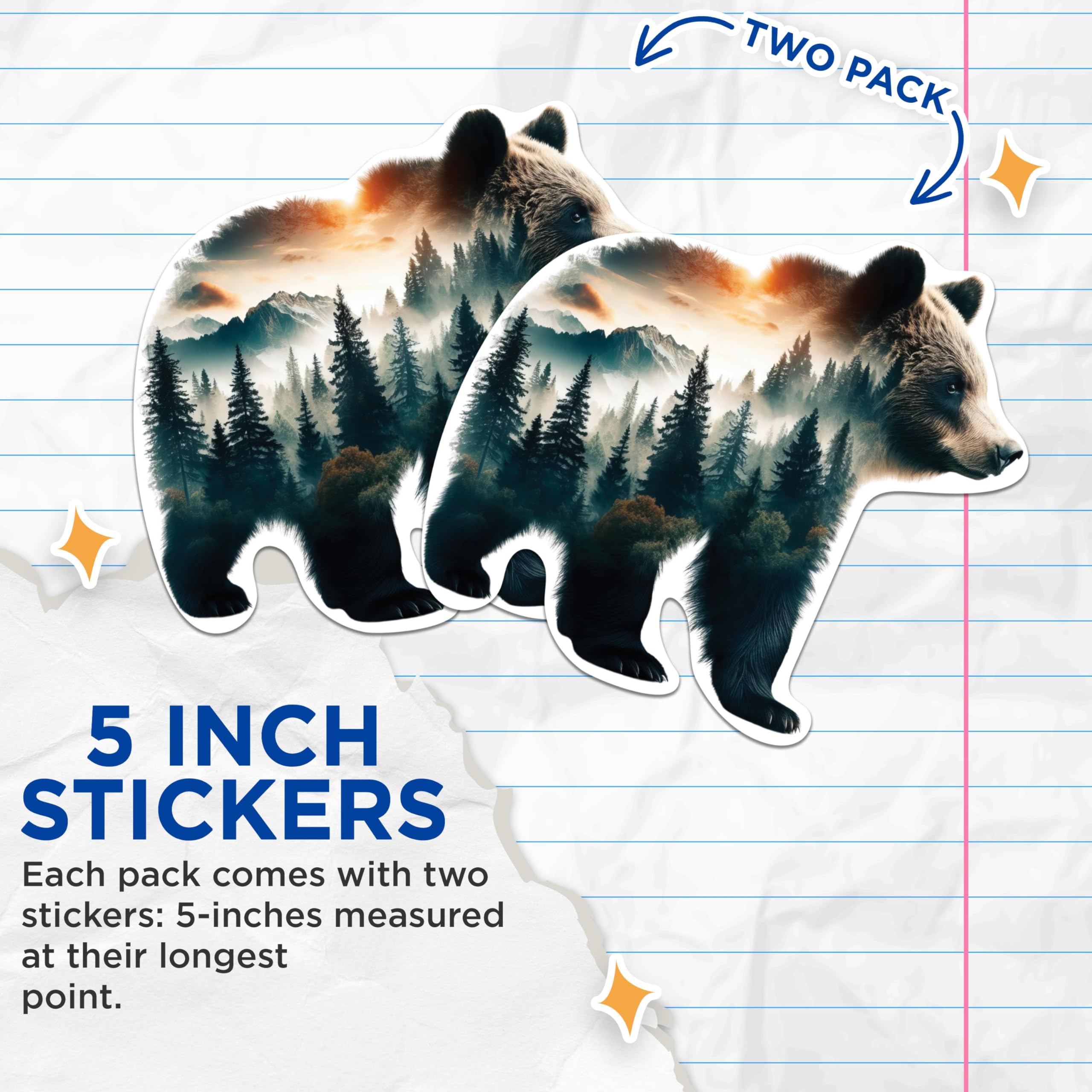 (2 Packs) Bear with Wilderness Forest Stickers - Cool Nature Lover Outdoorsman Decals - 5 Inches On Longest Side - Premium Vinyl Decal - Sticks to Any Smooth Flat Surface - Made in USA - BMCS2274