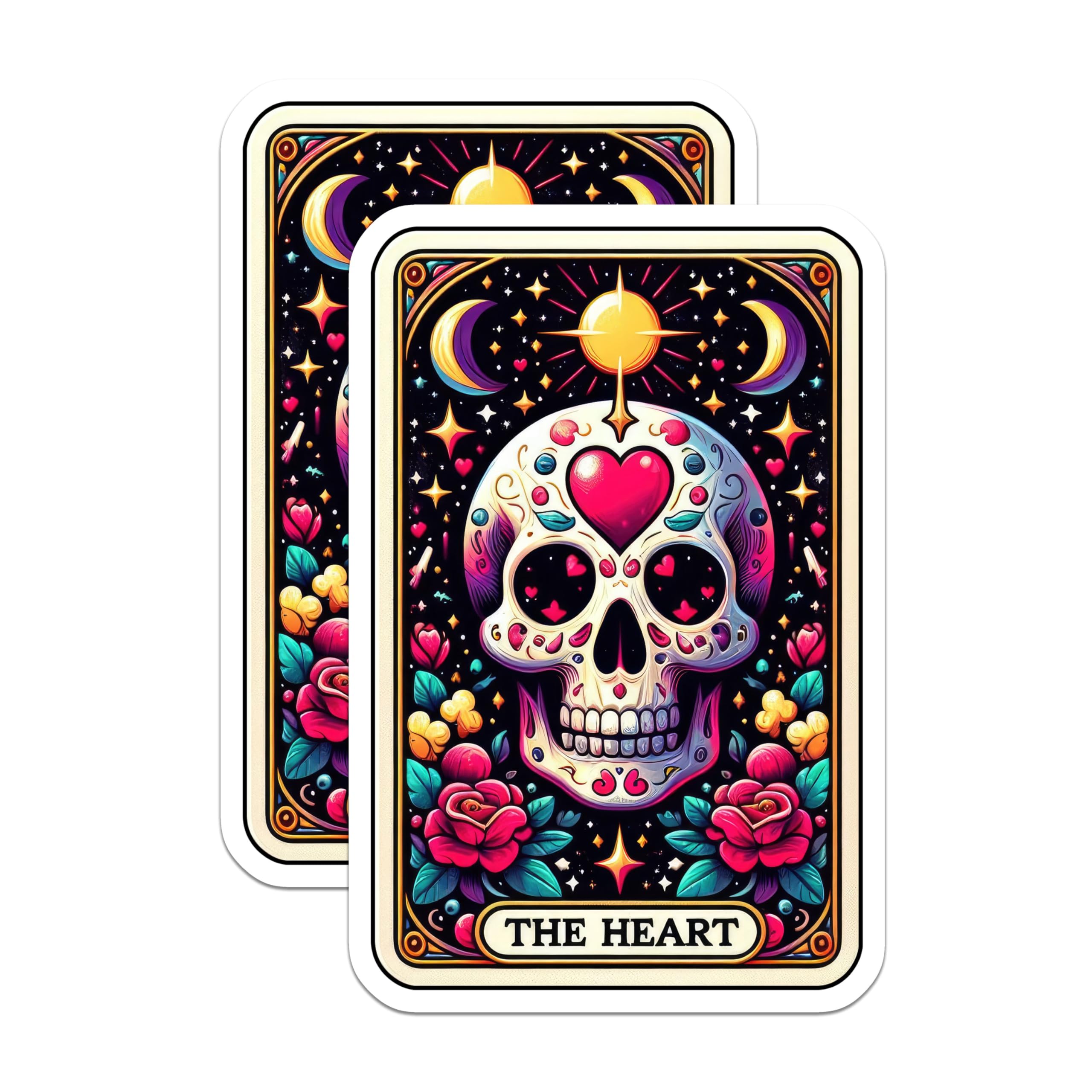 (2 Pack) Sugar Skull Art Stickers - Colorful Skull Art - Vibrant Skull Decorations - 5" On Longest Side - Sticks to Smooth Flat Surfaces - Made in USA - BMCS5427
