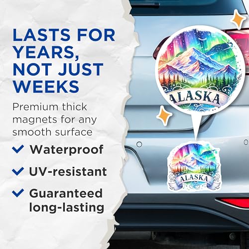 (2 Pack) Alaska Northern Lights Magnets - Scenic Mountain - Aurora Borealis Art - 5" On Longest Side - for Cars, Fridges, Toolboxes - Made in USA - MAG6780