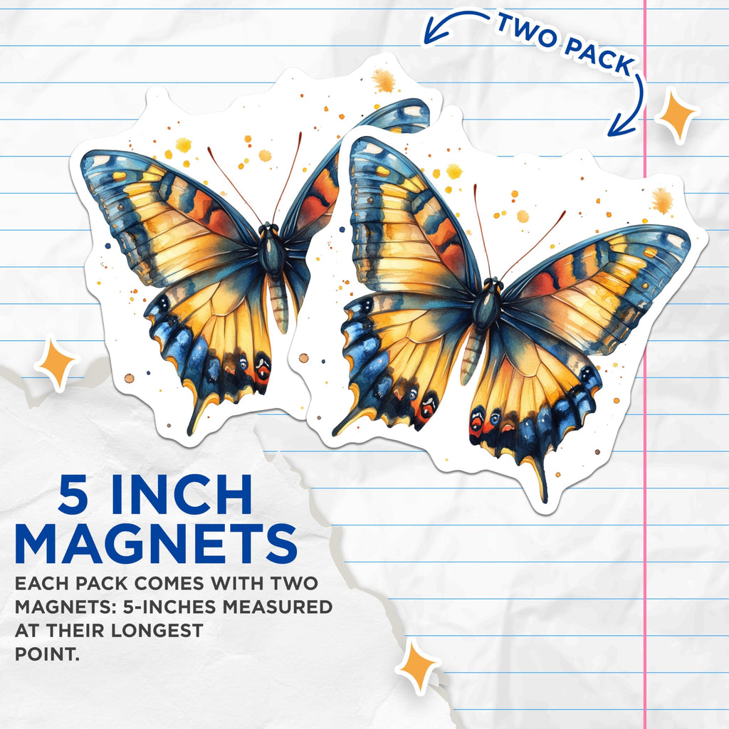(2 Pack) Watercolor Butterfly Magnets - Nature Inspired Fridge Decor - Whimsical Home Accent - 5 Inches On Longest Side - Thick Durable Magnet - Made in USA - MAG25199