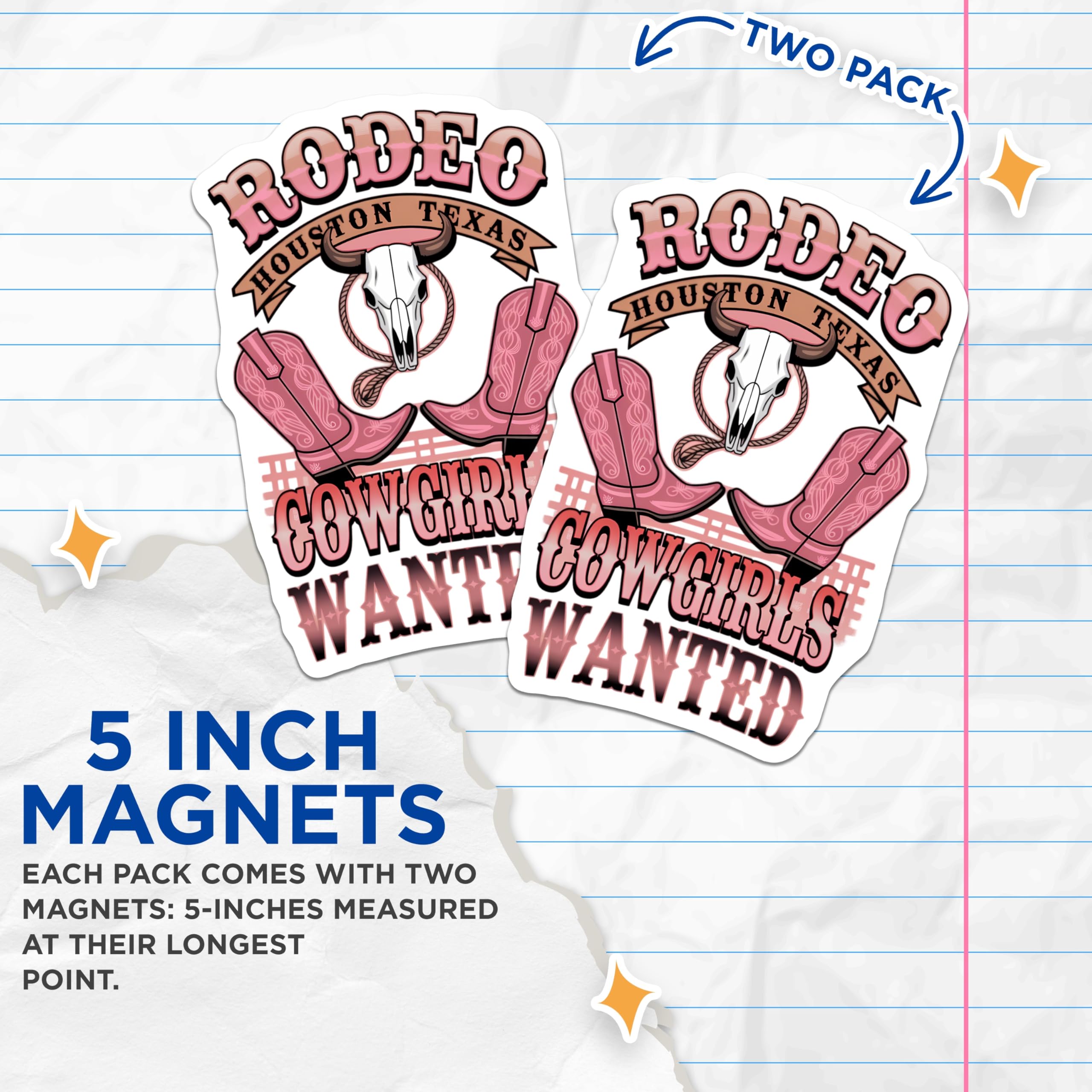 (2 Pack) Rodeo Cowgirls Wanted Magnets - Houston Texas Western Decor - Bull Skull Boots Art - Southern Country Life Style - 5 Inches On Longest Side - Thick Durable Magnet - Made in USA - MAG20589