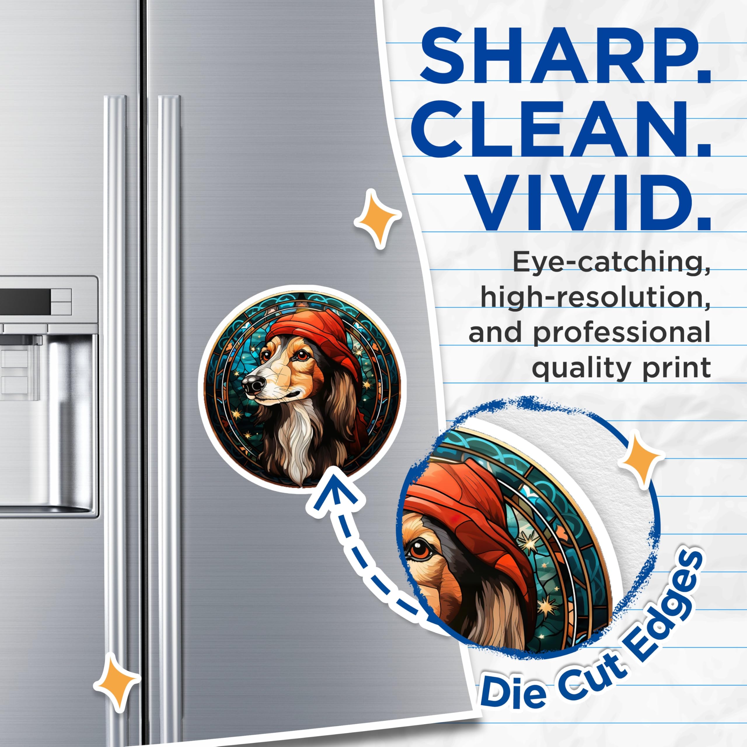 (2 Pack) Stained Glass Dog Magnets - Red Hooded Canine Pet Art Decor - Whimsical Refrigerator Accents - 5 Inches On Longest Side - Thick Durable Magnet - Made in USA - MAG23681