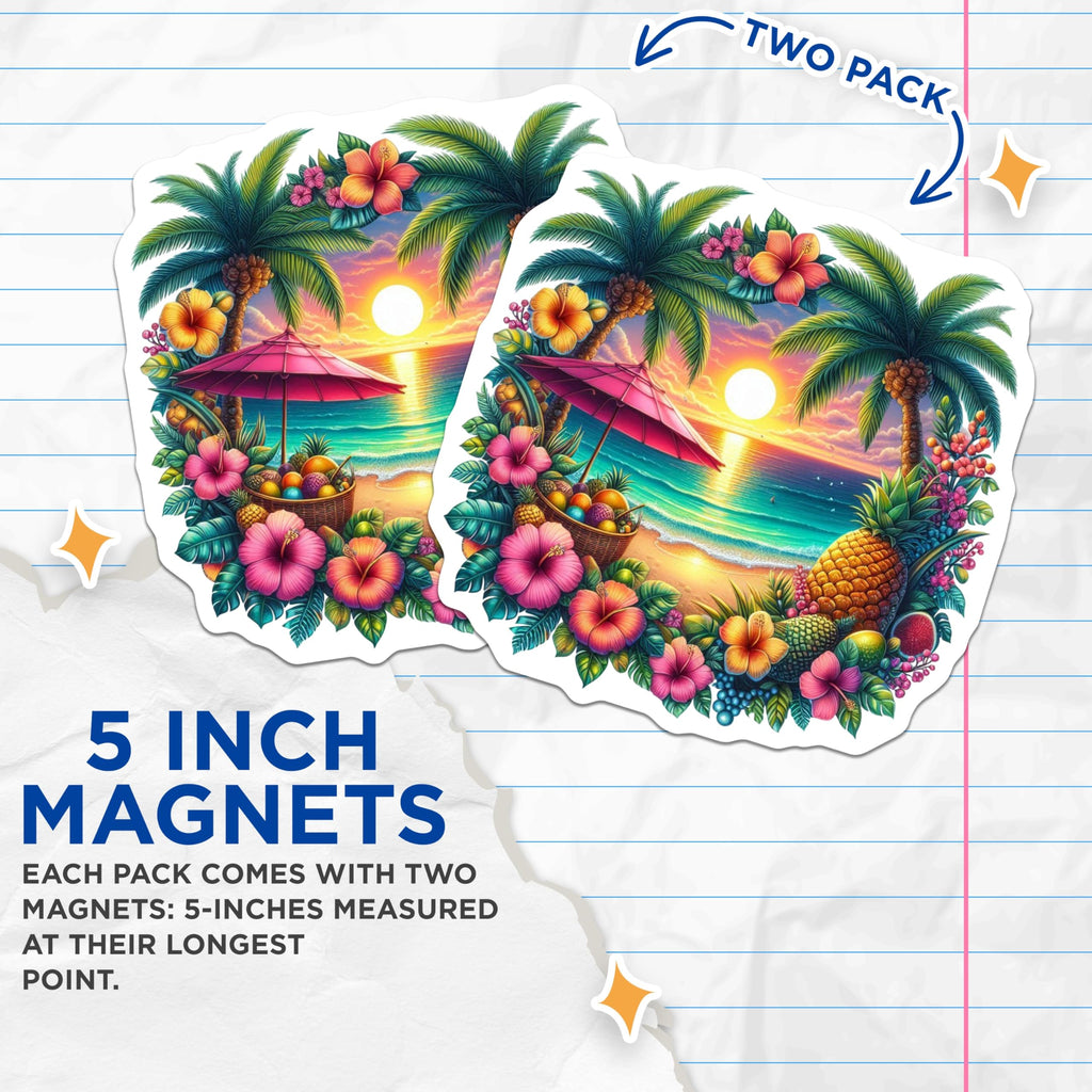 (2 Pack) Tropical Beach Magnets - Vibrant Hawaiian Sunset Ocean View - Palm Tree Hibiscus Pineapple Exotic Island Scene Decor - 5 Inches On Longest Side - Thick Durable Magnet - Made in USA - MAG21410