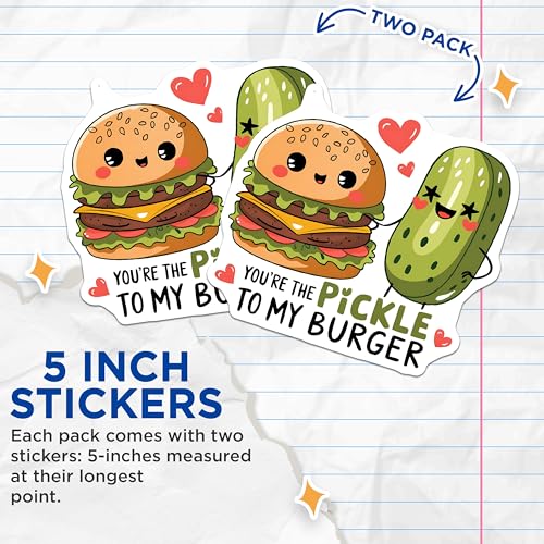 (2 Pack) Pickle to My Burger Stickers - Cute Food Friend Stickers - Adorable Lunch Stickers - 5" On Longest Side - Sticks to Smooth Flat Surfaces - Made in USA - BMCS5255