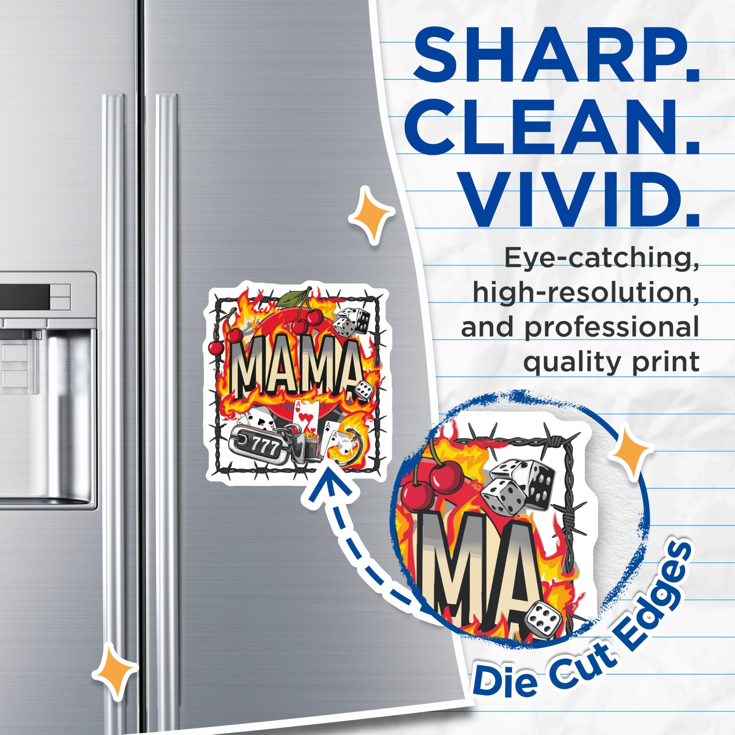 (2 Pack) Edgy Mama Magnets - Rockabilly Style Flaming Cherries Dice - Barbed Wire Lucky 777 Poker Aces Artwork - 5 Inches On Longest Side - Thick Durable Magnet - Made in USA - MAG21102