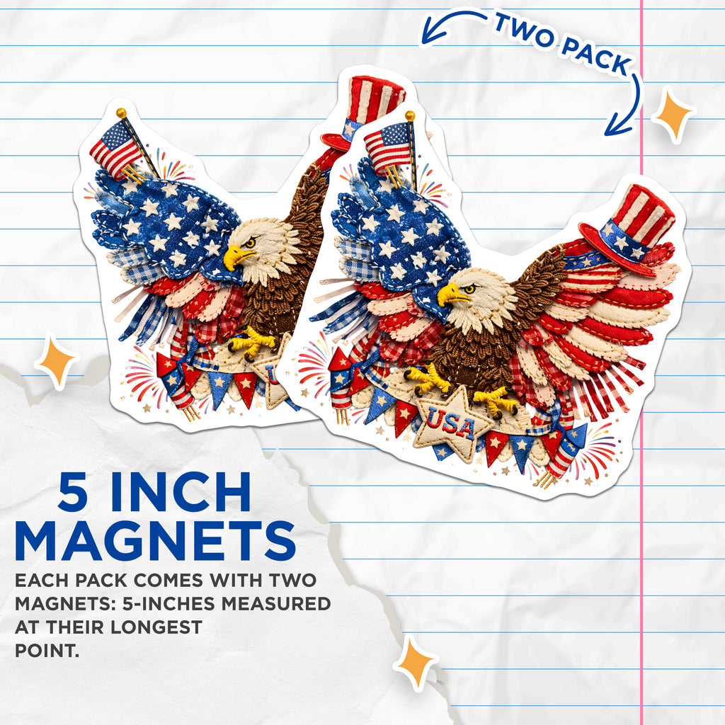 (2 Pack) Patriotic Eagle Magnets - American Flag USA Decor - 4th of July Americana Folk Art Refrigerator - 5 Inches On Longest Side - Thick Durable Magnet - Made in USA - MAG38739