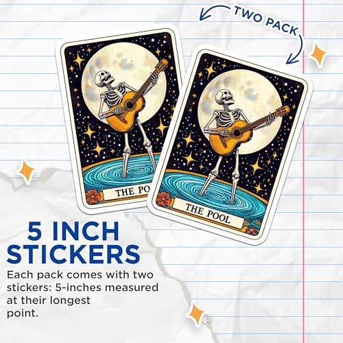 (2 Pack) Skeleton Playing Guitar Stickers - The Pool Tarot Card Stickers - Moon and Stars Skeleton Illustration Stickers - 5" On Longest Side - Sticks to Smooth Flat Surfaces - Made in USA - BMCS5482