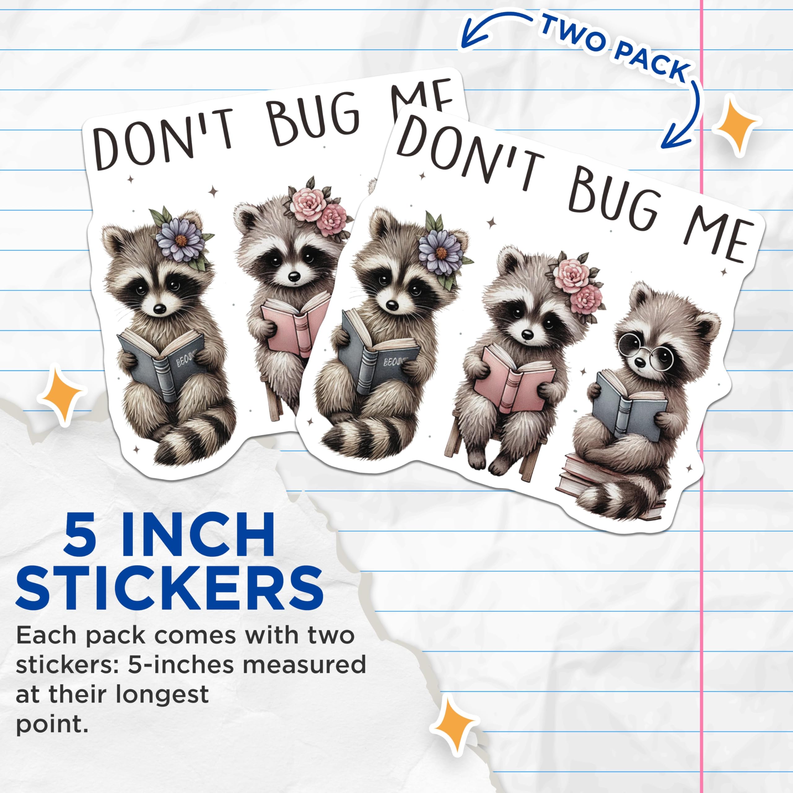 (2 Pack) Cute Raccoon Stickers - Don't Bug Me Sticker - Raccoon Reading Stickers - 5" On Longest Side - Sticks to Smooth Flat Surfaces - Made in USA - BMCS6483