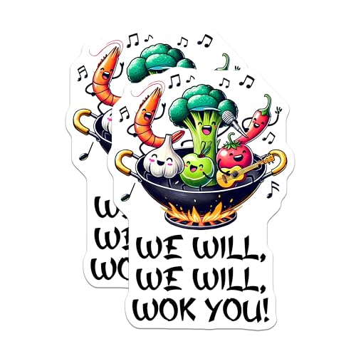 (2 Pack) We Will We Will Wok You Stickers - Funny Food - Cute Kitchen - Cooking - 5" On Longest Side - Sticks to Smooth Flat Surfaces - Made in USA - BMCS7639