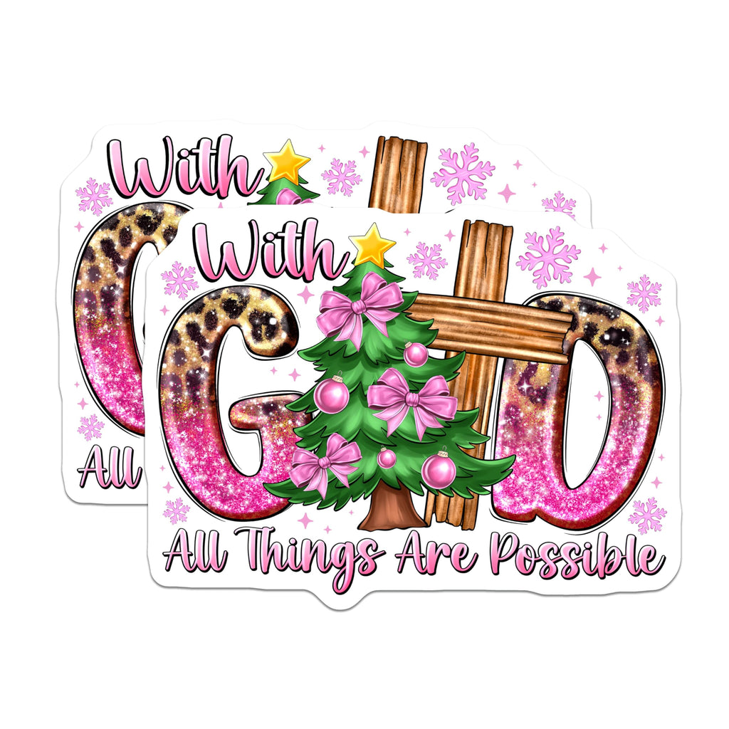 (2 Pack) with God All Things Possible Magnets - Christian Christmas Inspirational Decor - Pink Leopard Glitter Holiday - 5 Inches On Longest Side - Thick Durable Magnet - Made in USA - MAG23383