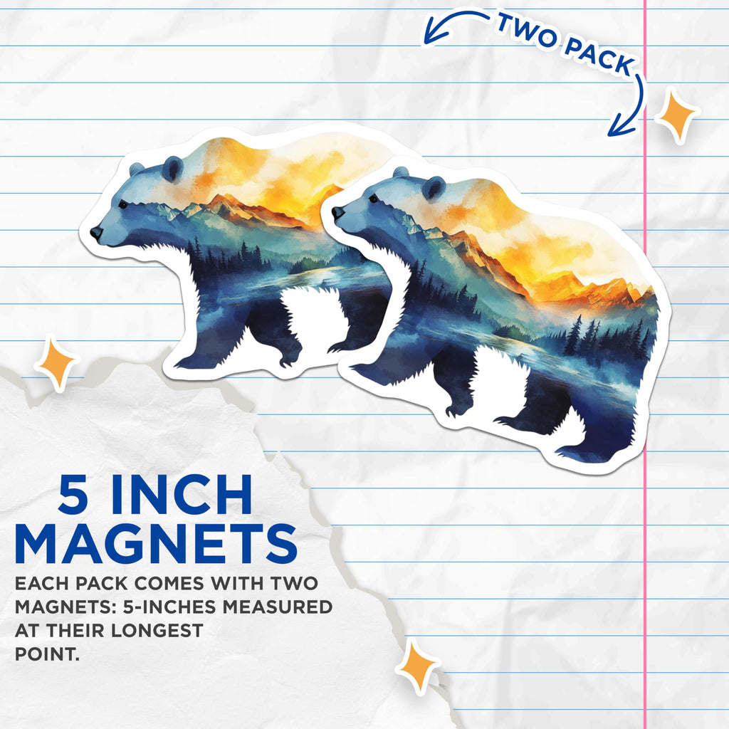 (2 Pack) Bear Landscape Magnets - Mountain Scene Decor - Nature Lover Refrigerator Magnets - 5" On Longest Side - Premium Magnet - for Cars, Refrigerators, Toolboxes, Lockers - Made in USA - MAG15369