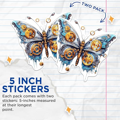 (2 Packs) Steampunk Butterfly Stickers - Aesthetic Gothic Steampunk Decals - 5 Inches On Longest Side - Premium Vinyl Decal - Sticks to Any Smooth Flat Surface - Made in USA - BMCS2327