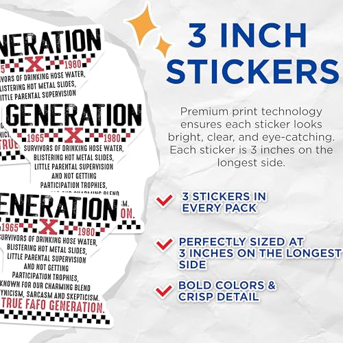 (3 Pack) Generation X Decals - Sarcasm Slogan Sticker - Cynicism Humor Decal - 3 Inches On Longest Side - Easy Peel & Apply - Made in USA - 3MCS4862