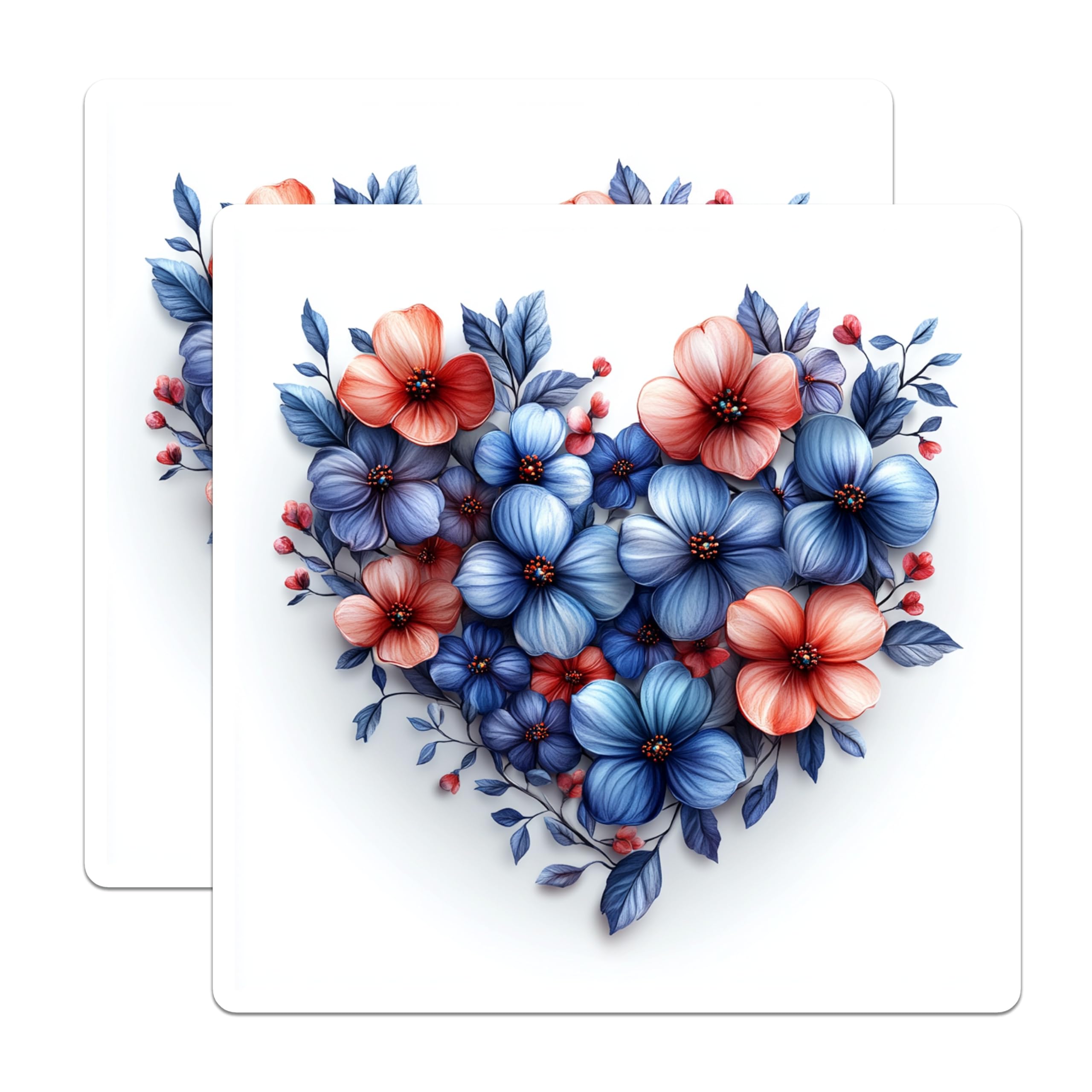 (2 Pack) Floral Heart Magnets - Blue Coral Flowers - Romantic Home Decor Accent - 5 Inches On Longest Side - Thick Durable Magnet - Made in USA - MAG26310