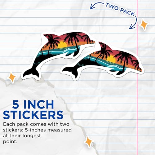 (2 Pack) Dolphin Sunset Stickers - Tropical Beach Design - Ocean Theme - Laptop and Skateboard - 5" On Longest Side - Sticks to Smooth Flat Surfaces - Made in USA - BMCS5536