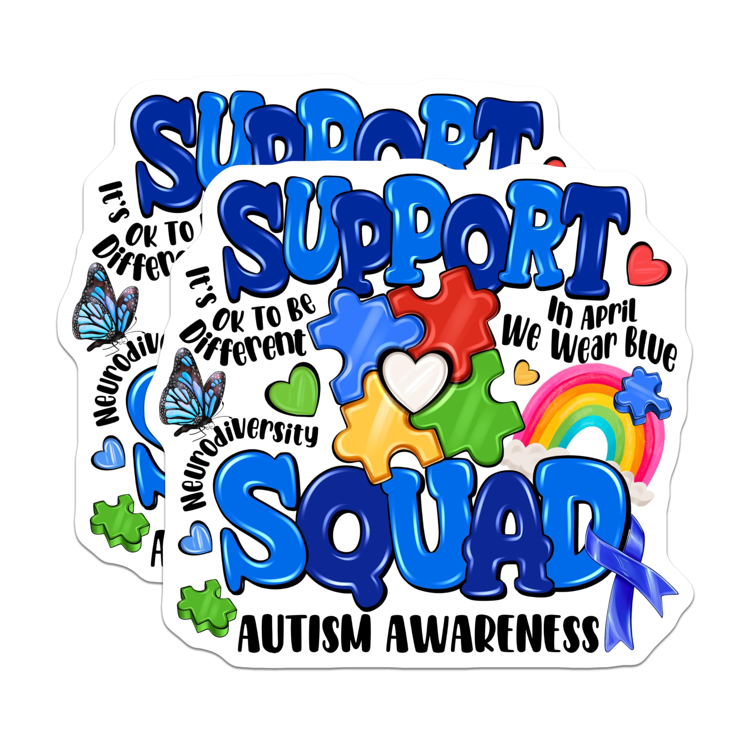 (2 Pack) Autism Awareness Magnets - Neurodiversity Support Squad - Puzzle Piece Blue Ribbon April Awareness Decor - 5 Inches On Longest Side - Thick Durable Magnet - Made in USA - MAG30549