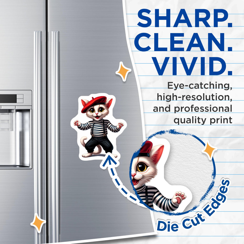(2 Pack) French Mime Cat Magnets - Adorable Beret Kitty - Refrigerator Locker Decor - 5 Inches On Longest Side - Thick Durable Magnet - Made in USA - MAG22410